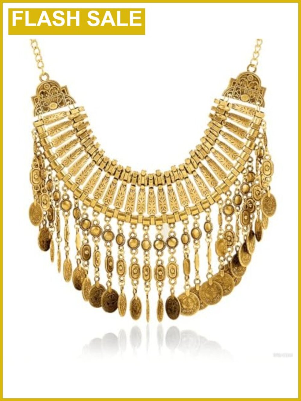 Long Tassel Chunky Boho Coin Statement Necklace for Women with Cubic Zirconia